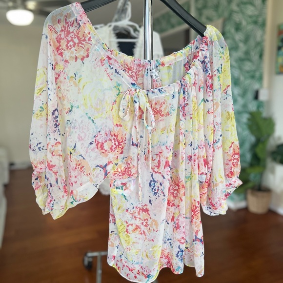 Cabi In Case Blouse White Yellow Red Blue Peasant Watercolor Floral Top 826 M - Picture 5 of 8